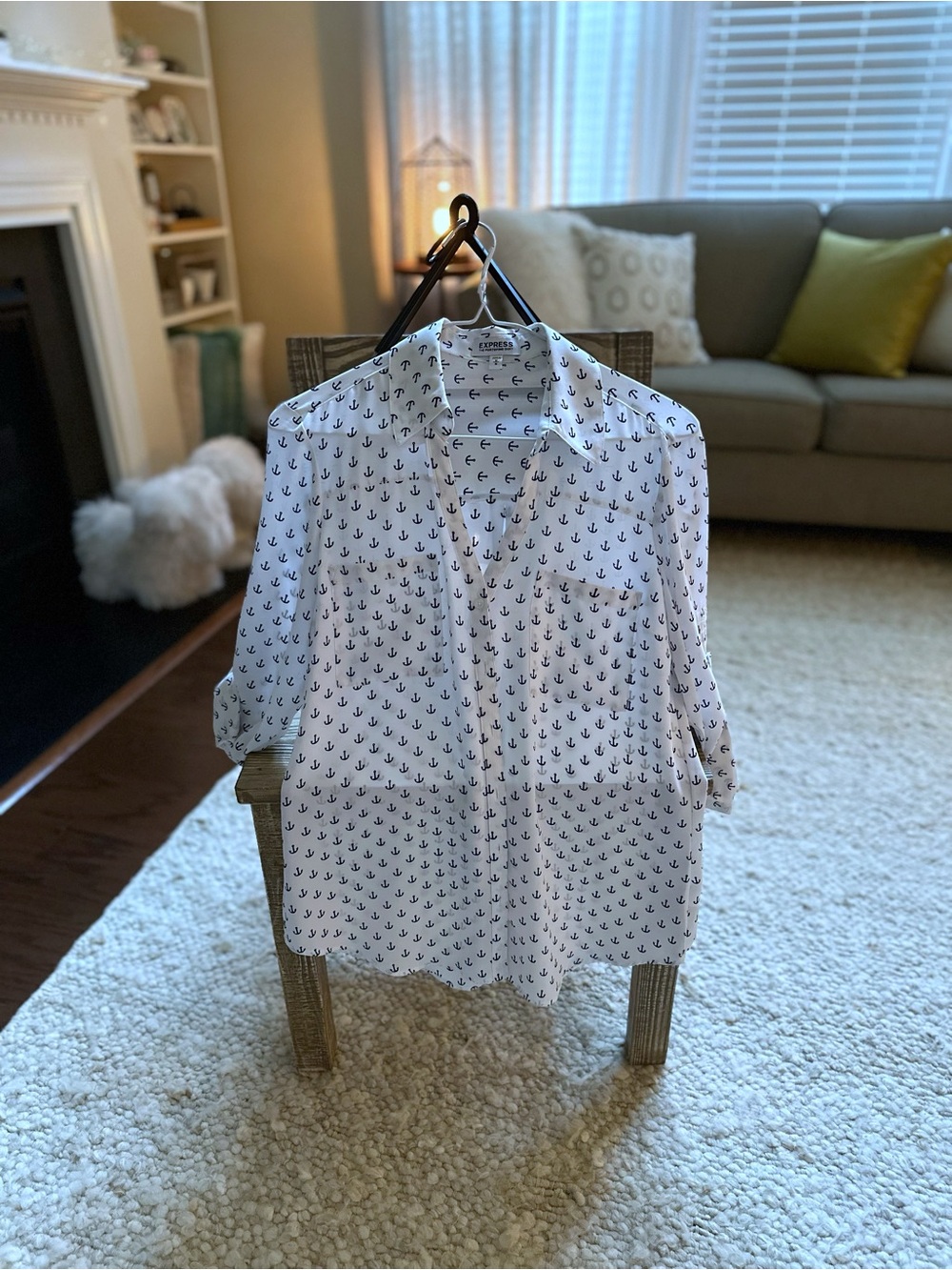 Express White Button-Up Blouse with Navy Anchor Print